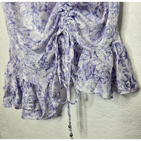 Dark Pink Dress Womens 8 Purple Floral Ruffle Boho Puff Sleeve Ruched Mini Femme - Picture 3 of 12